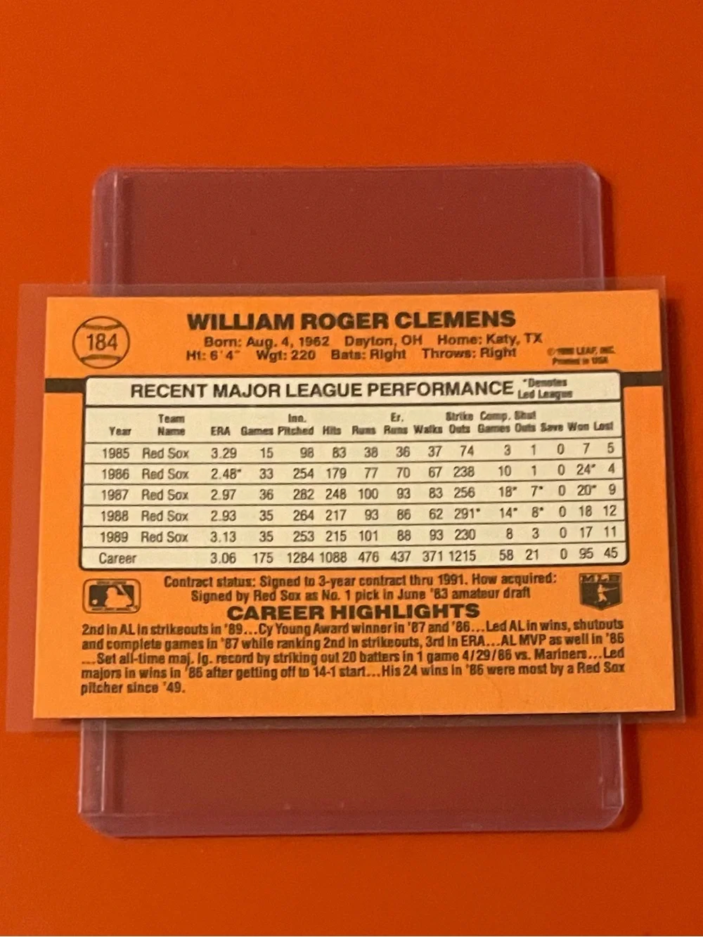 Roger Clemens #184 1990 Donruss Baseball Trading Card